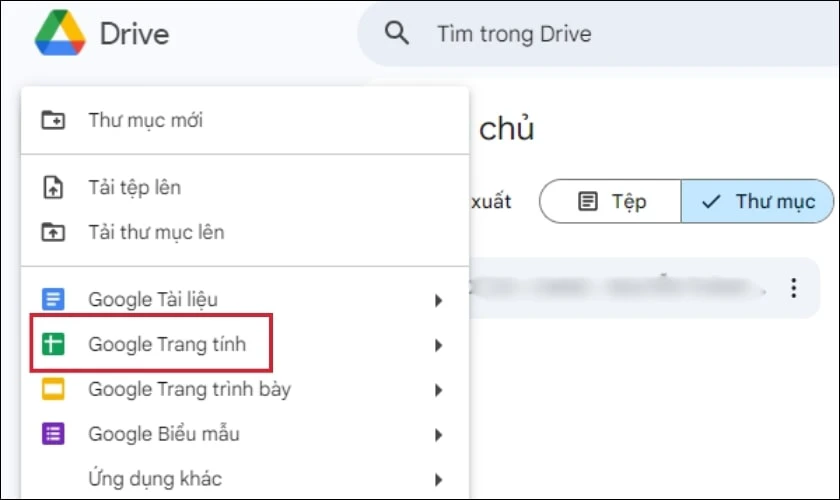Trong các tùy chọn, bạn click vào mục Google Trang tính