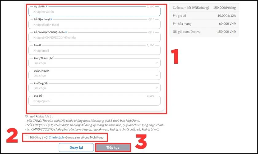 Bạn điền thông tin cá nhân để tiến hành mua SIM 0784