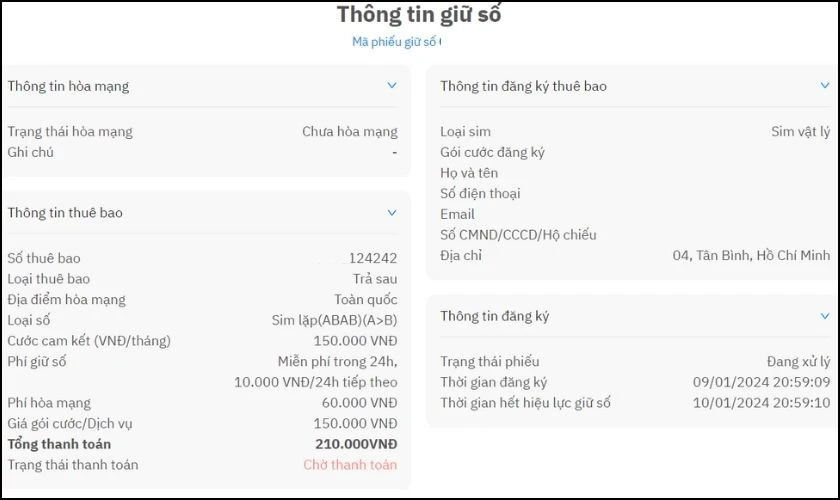 Trang web sẽ hiển thị thông tin thuê bao mà bạn chọn