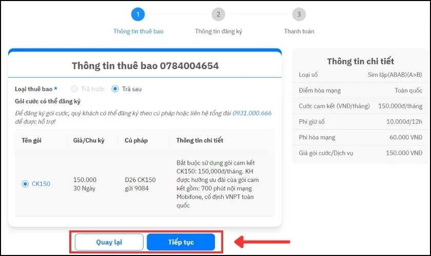Bạn kiểm tra thông tin về SIM và nhấn Tiếp tục