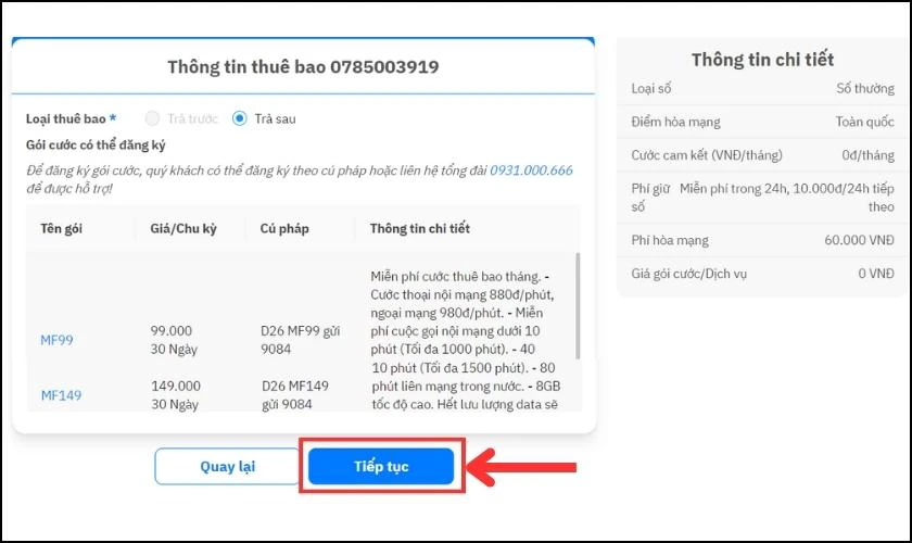 Kiểm tra thông tin SIM và nhấn Tiếp tục