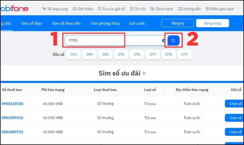 Bạn gõ số 0785 rồi nhấn biểu tượng tìm kiếm