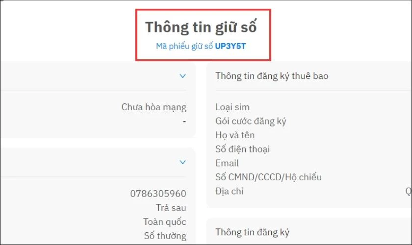 Màn hình sẽ hiển thị Mã phiếu giữ số