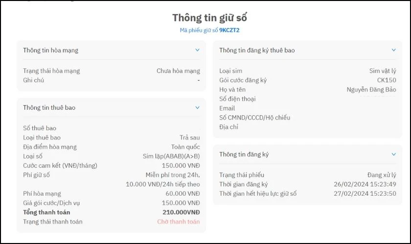 Web hiển thị thông tin thuê bao vừa chọn và Mã phiếu giữ số
