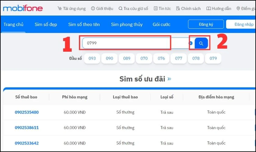 Nhập đầu số 0799 và nhấn Tìm kiếm