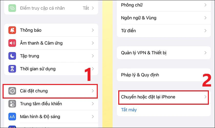 Chọn Cài đặt chung rồi nhấn vào Chuyển hoặc đặt lại iPhone