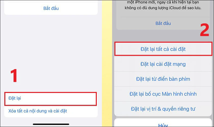 Nhấn chọn vào Đặt lại rồi chọn Đặt lại tất cả cài đặt để reset iPhone 12 bị treo máy