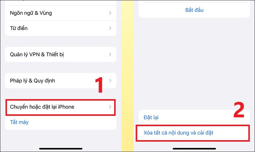 Chọn tiếp vào Chuyển hoặc đặt lại iPhone và bấm chọn Xóa tất cả nội dung và cài đặt để reset