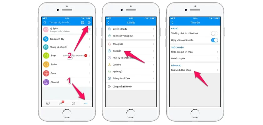 chọn mục Tin nhắn -> nhấn chọn Sao lưu