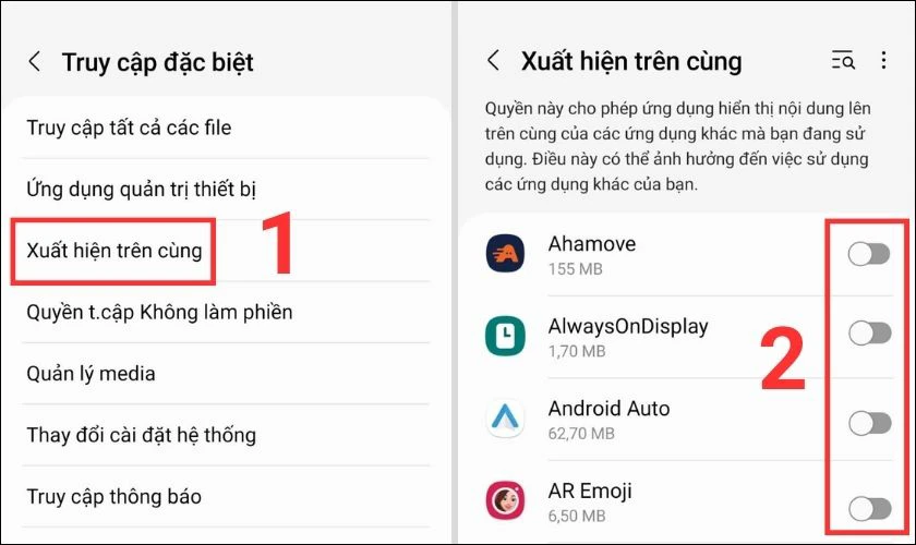 Gạt tắt các ứng dụng xuất hiện nhiều quảng cáo 