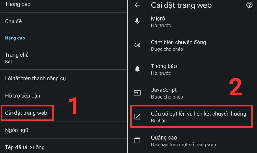 Chọn vào mục Cửa sổ bật lên và liên kết chuyển hướng bị chặn 