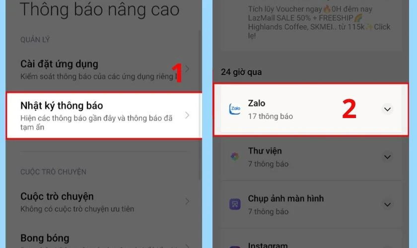 Truy cập vào Nhật ký thông báo