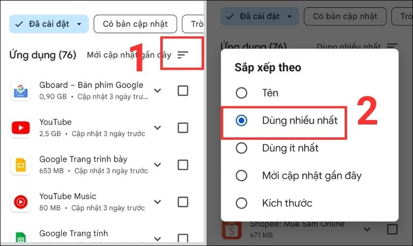 Lọc các ứng dụng dùng nhiều nhất 