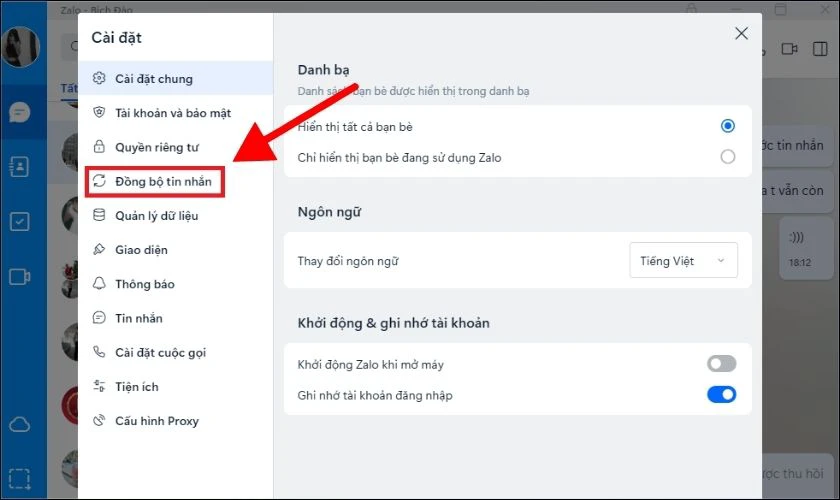 Trong cửa sổ cài đặt, bạn chọn vào mục Đồng bộ tin nhắn